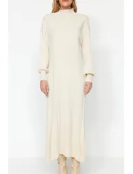 Beige Column Maxi Jumper Dress with Long Sleeve - 2