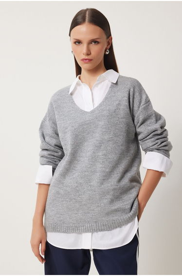 Women's Gray V-Neck Knitwear Sweater