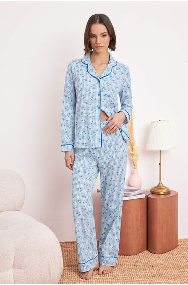 Light Blue 100% Cotton Floral Single Jersey Knitted Pajama Set