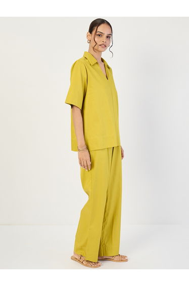 Women Green Open Collar Top and Pants Co-Ords