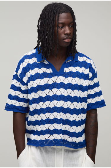 Oversized Boxy Wavy Open Stitch Knitted Polo - blue