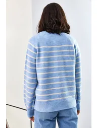 Women's Button-down Collar Turtleneck Striped Knitwear Sweater - 7