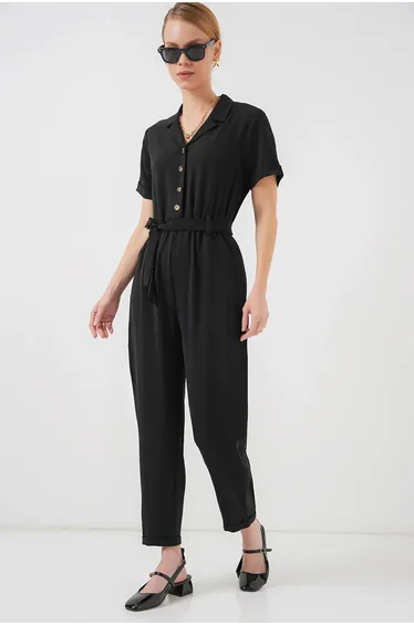 BDART Solid woven short-sleeve shirt-collar jumpsuit