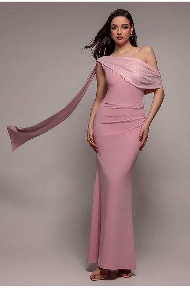 Lurex Pleated Bardot One Shoulder Cape Maxi Dress - Blush Pink by Goddiva