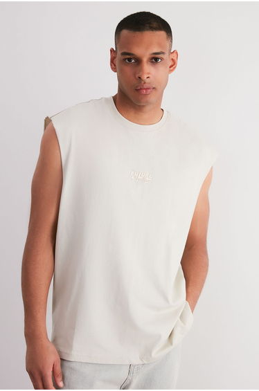 Stone Men's Oversize/Wide Cut Fluffy Text Printed Labeled Zero Sleeve T-Shirt/Athlete