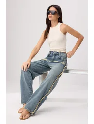 Blue Ripped Detailed High Waist Wide Leg Jeans - 1
