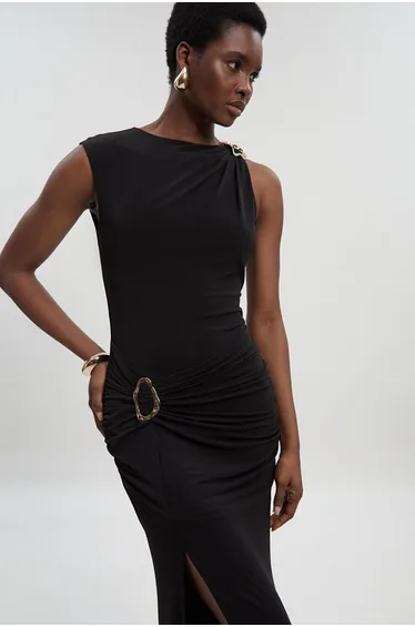 Drapey Crepe Trim Detail Ruched Maxi Dress