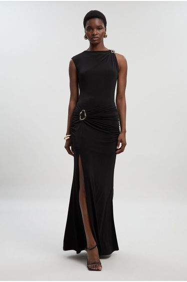 Drapey Crepe Trim Detail Ruched Maxi Dress