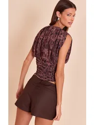 Brown Leopard Print Chiffon Plunge Ruched Bodice Top - 2