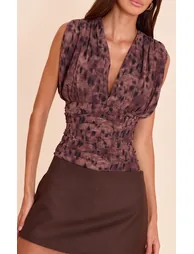 Brown Leopard Print Chiffon Plunge Ruched Bodice Top - 3