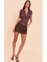 Brown Leopard Print Chiffon Plunge Ruched Bodice Top