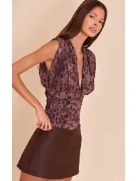 Brown Leopard Print Chiffon Plunge Ruched Bodice Top - 1