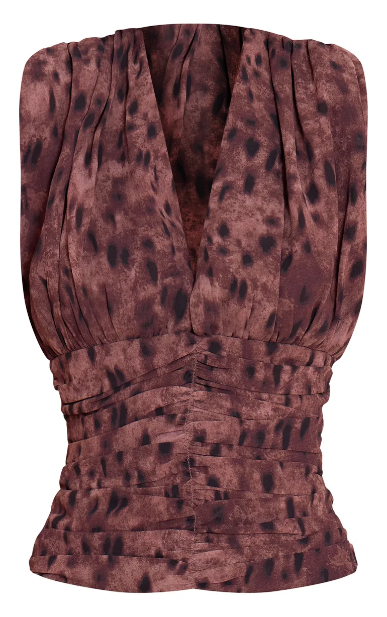 Brown Leopard Print Chiffon Plunge Ruched Bodice Top - 4