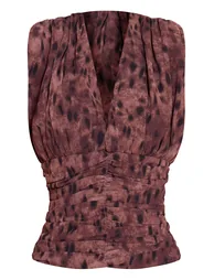 Brown Leopard Print Chiffon Plunge Ruched Bodice Top - 4