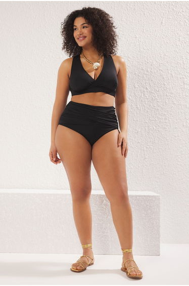 Black Waist Gather Detail High Waist Plus Size Bikini Bottom