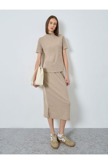Beige Ribbed Knit Top and Skirt Co-ords