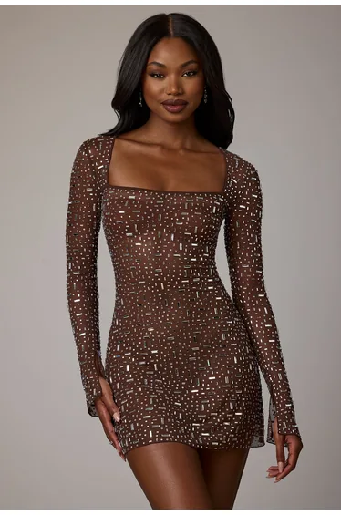 Sheer Embellished Long Sleeve A-Line Mini Dress in Deep Cocoa