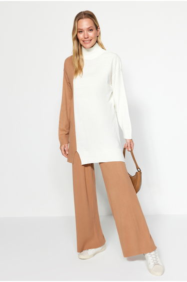 Camel Color Block Sweater-Pants Sweater Top-Upper Set