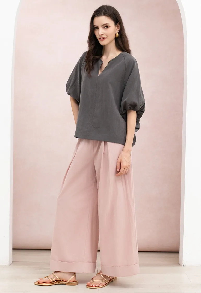 Notch Neckline Batwing Sleeve Top for Daily Wear & Office Casual