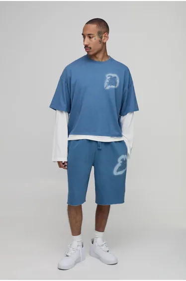 Oversized Boxy B Applique Faux Layer Washed T-Shirt and Short Set - blue