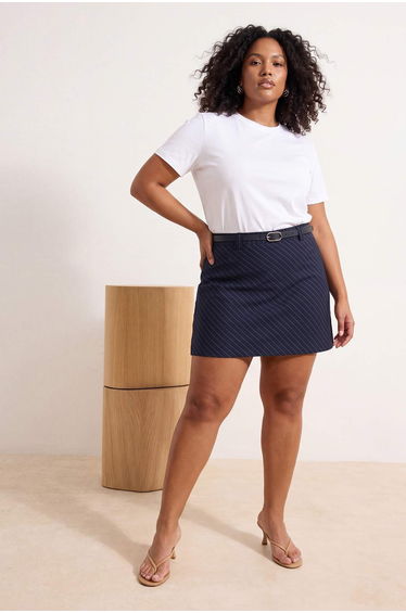 Navy Blue Striped Double Breasted Woven Plus Size Shorts Skirt