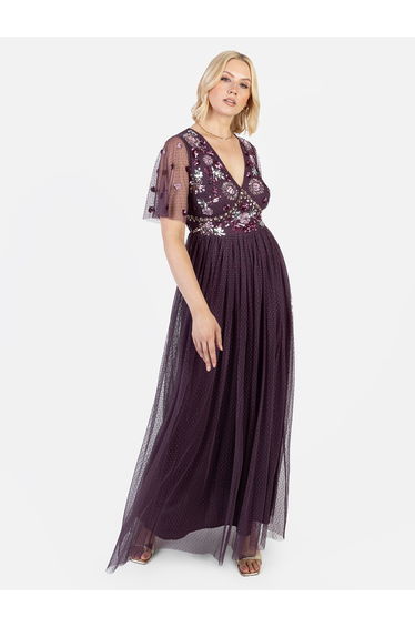Maya Berry Floral Embellished Spot Mesh Maxi Dress