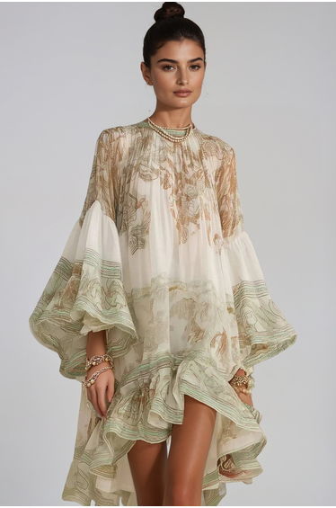Hermokrates Bell Sleeve Print Ruffle Mini Dress