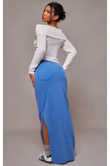 Blue Ribbed Pocket Back Detail Maxi Skirt