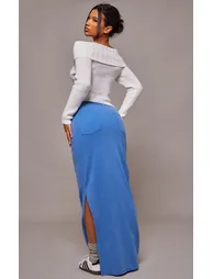 Blue Ribbed Pocket Back Detail Maxi Skirt