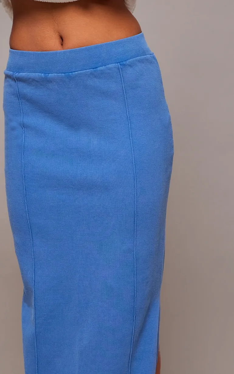 Blue Ribbed Pocket Back Detail Maxi Skirt - 3