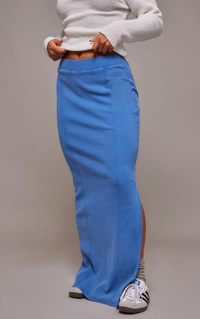 Blue Ribbed Pocket Back Detail Maxi Skirt - 1