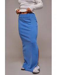 Blue Ribbed Pocket Back Detail Maxi Skirt - 1