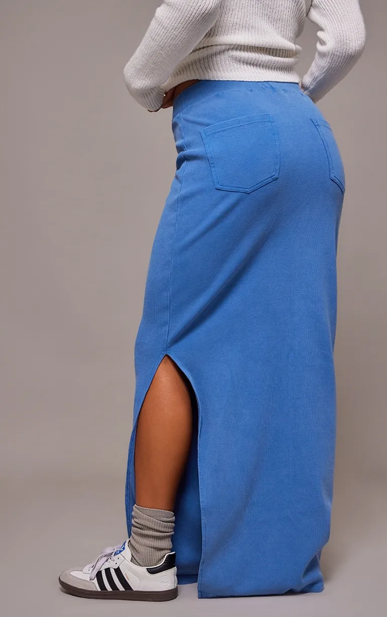 Blue Ribbed Pocket Back Detail Maxi Skirt - 2