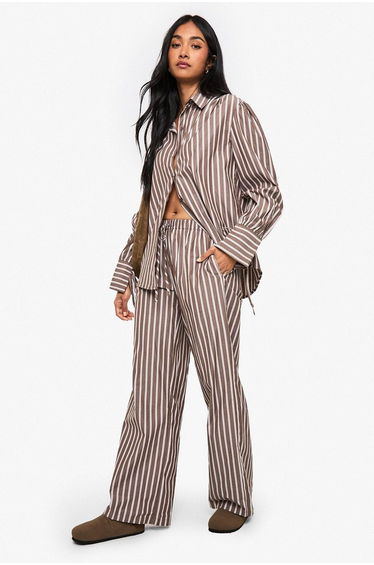 Stripe Tie Cuff Shirt & Trouser Co-ord - brown