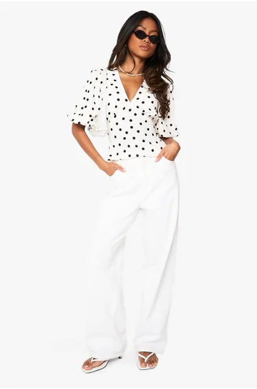 Satin Polka Dot Puff Sleeve Blouse - cream