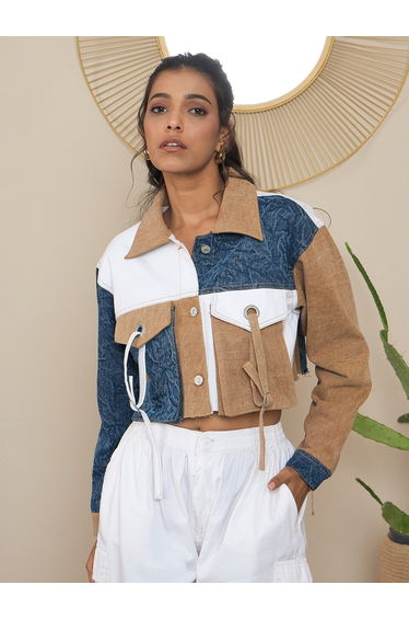 Brown Denim Crop Jacket with Color Block Patchwork