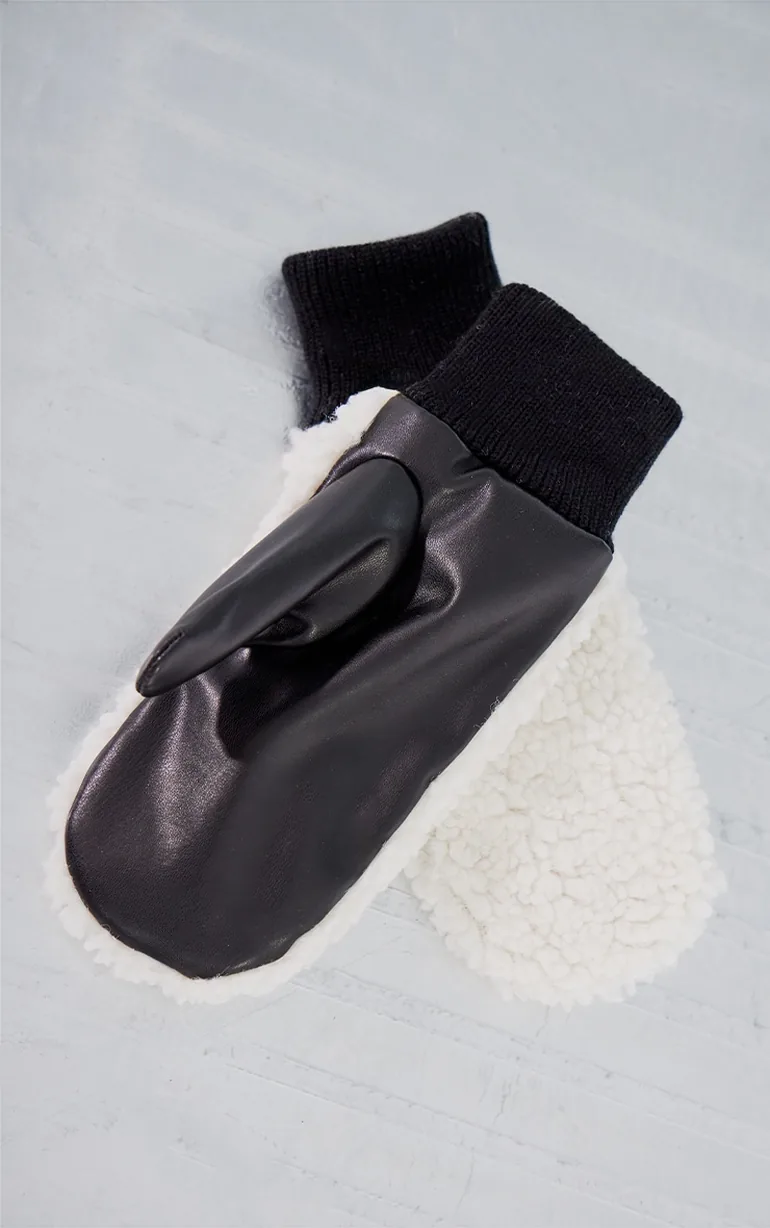 Cream Borg Contrast PU Mittens - 1