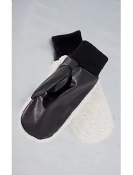 Cream Borg Contrast PU Mittens - 1