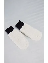 Cream Borg Contrast PU Mittens - 2