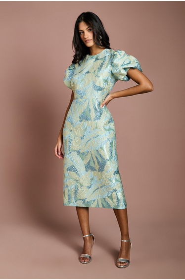Petite Metallic Jacquard Puff Sleeve Pencil Dress