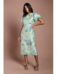 Petite Metallic Jacquard Puff Sleeve Pencil Dress