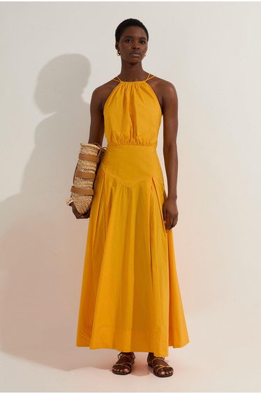 Cotton Halter Neck Woven Midi Dress With Dropped Waist Detail