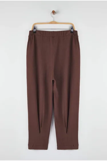 Brown Carrot Fit Elastic Waist Knitted Plus Size Trousers
