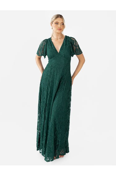 Maya Emerald Green Lace V Neck Angel Sleeve Maxi Dress