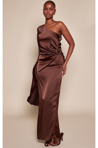 Dark Brown Satin Fluted Maxi Skirt