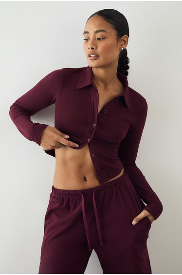 DSGN Studio Button Through Collared Fitted Top - burgundy