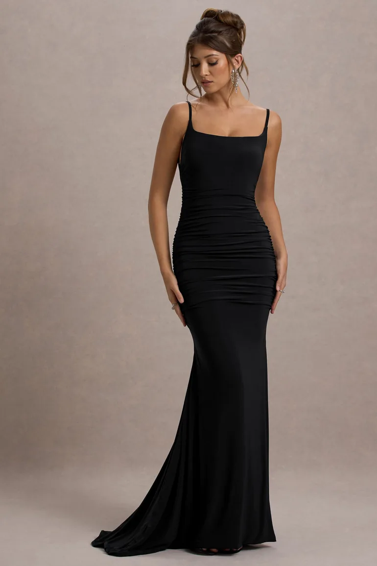 Adele | Black Ruched Fishtail Cami Maxi Dress - 3