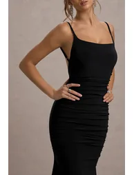 Adele | Black Ruched Fishtail Cami Maxi Dress - 2