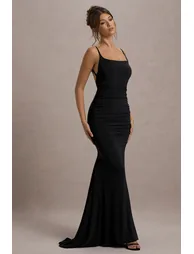 Adele | Black Ruched Fishtail Cami Maxi Dress