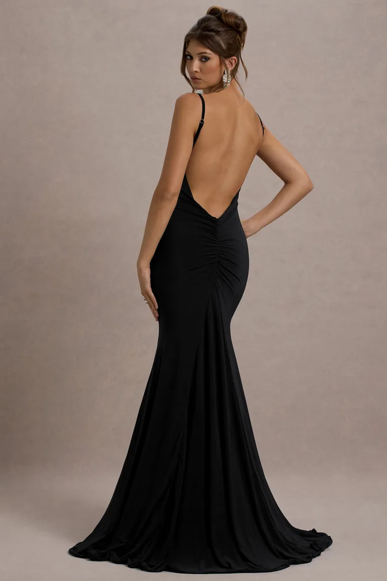 Adele | Black Ruched Fishtail Cami Maxi Dress - 1